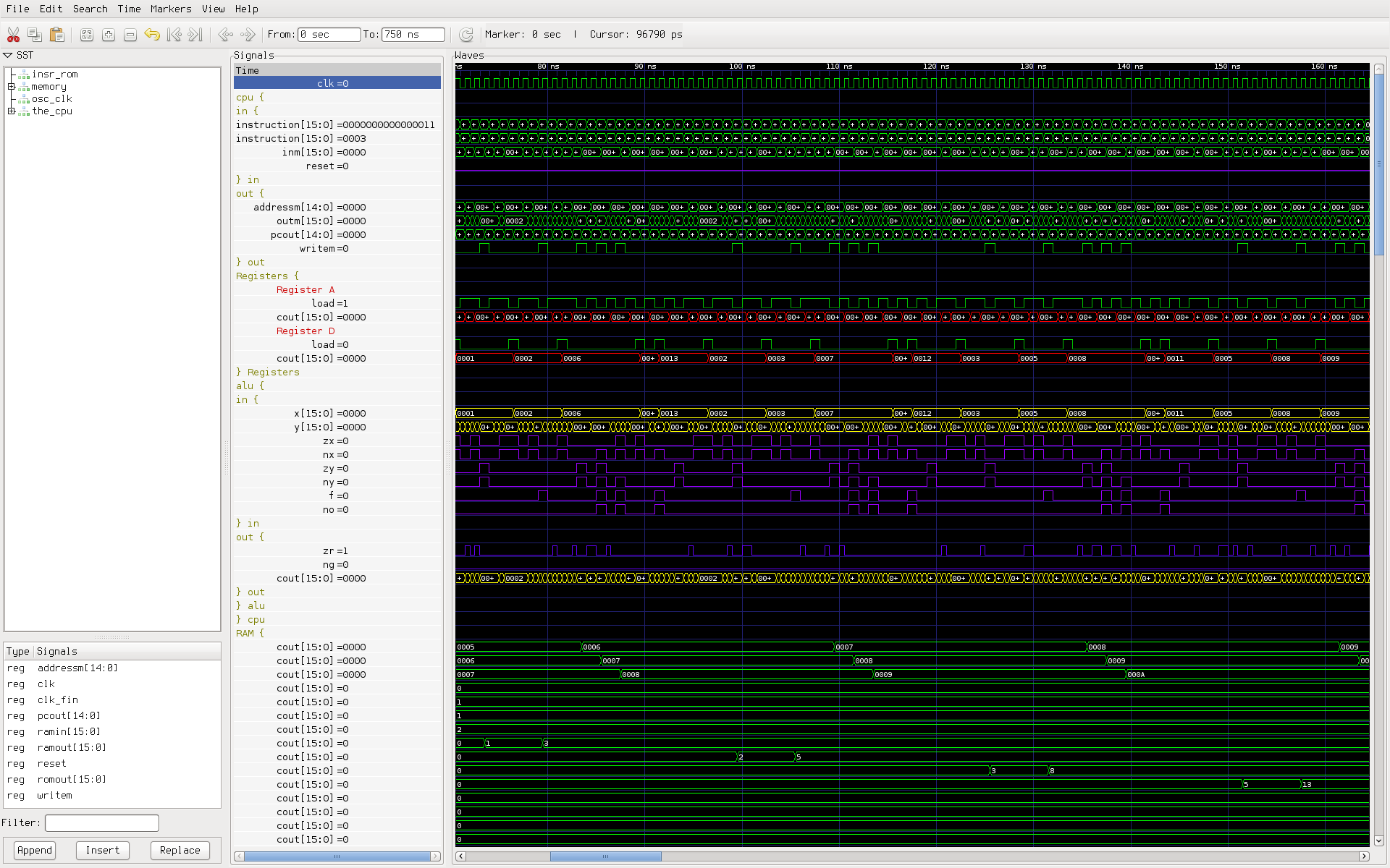 GtkWave zoomed in to view approximately 100 ns of signal output